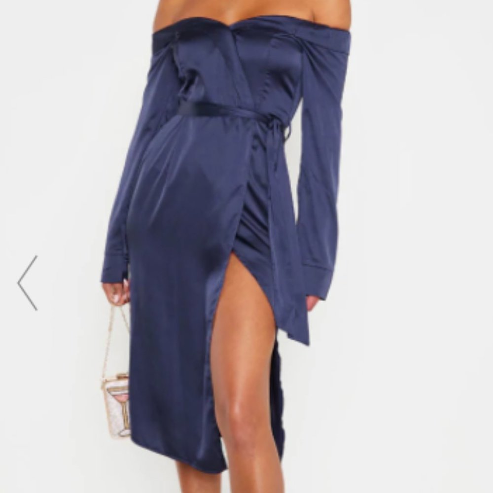 PLT off the shoulder blue satin dress